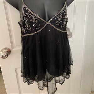 Coldwater Creek beaded flowy black sheer overlay asymmetric tank